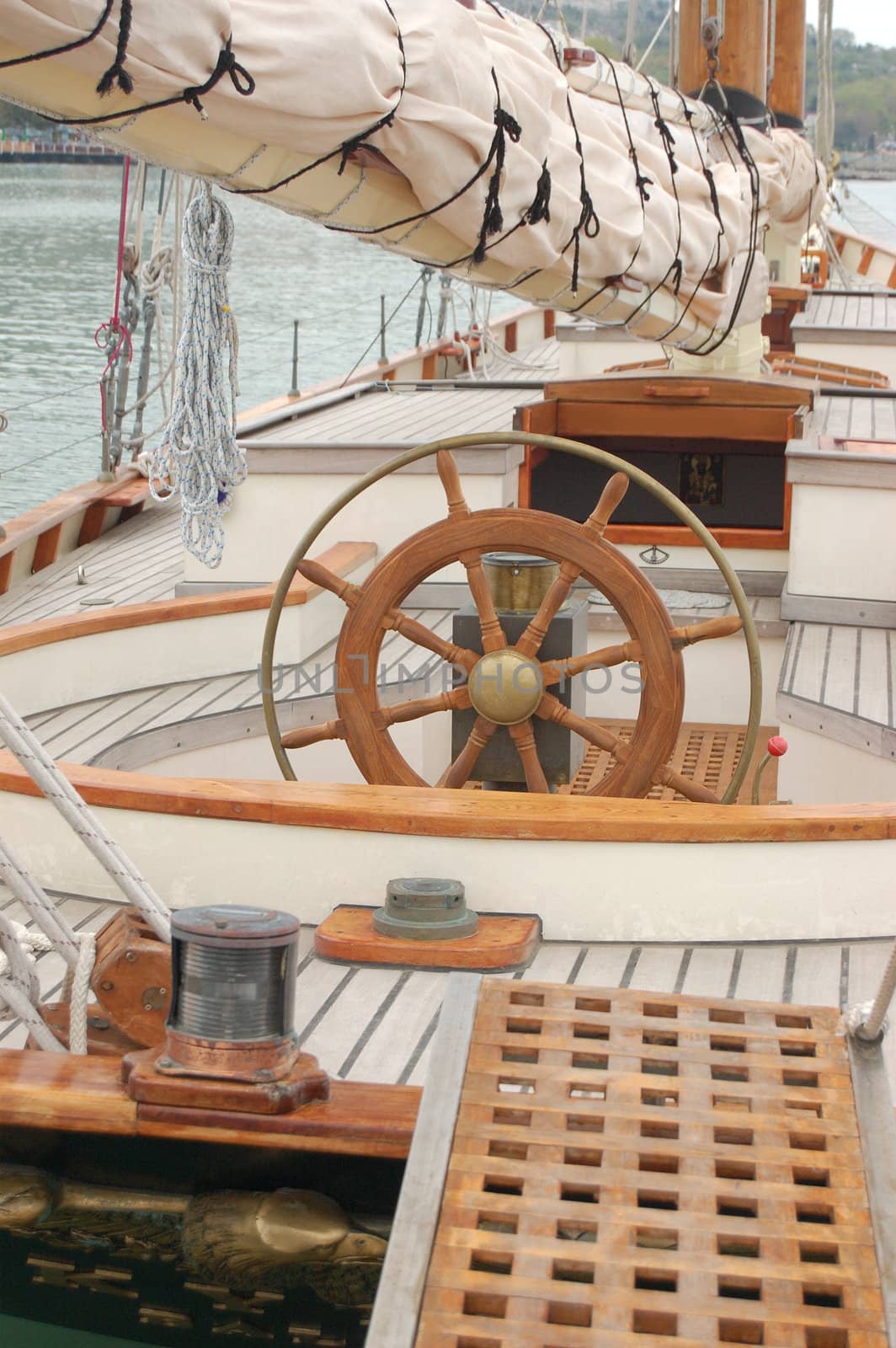 nice wooden helm  and deck on boat