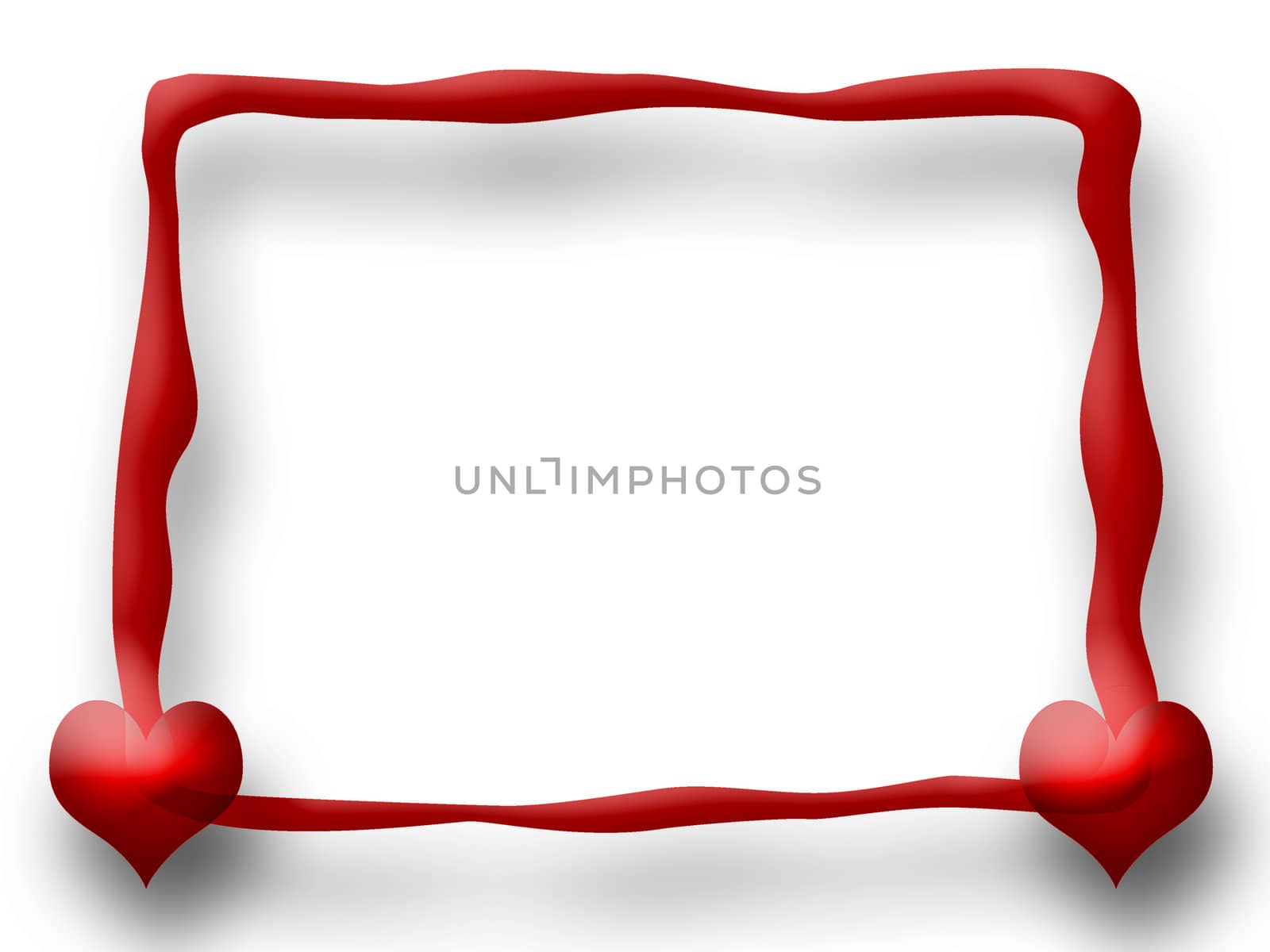 Slim Love Frame with Red Glass Hearts over White Background