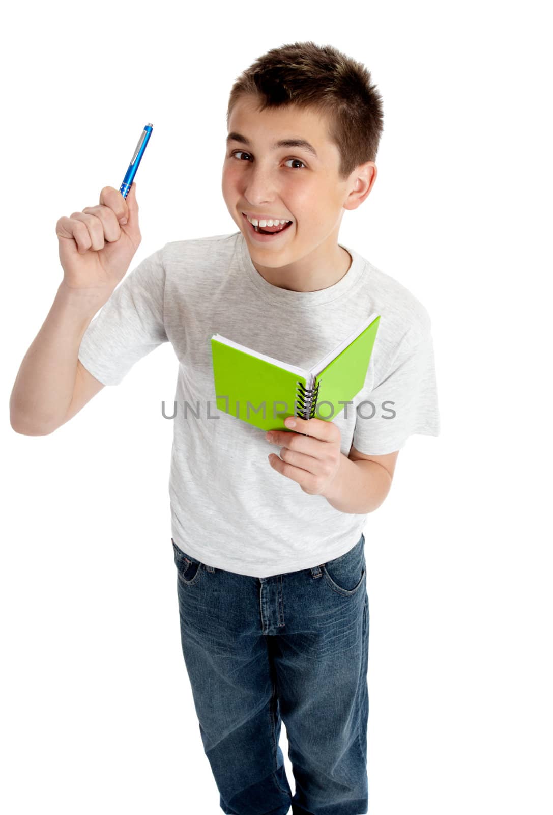 Happy bright student with pen and book