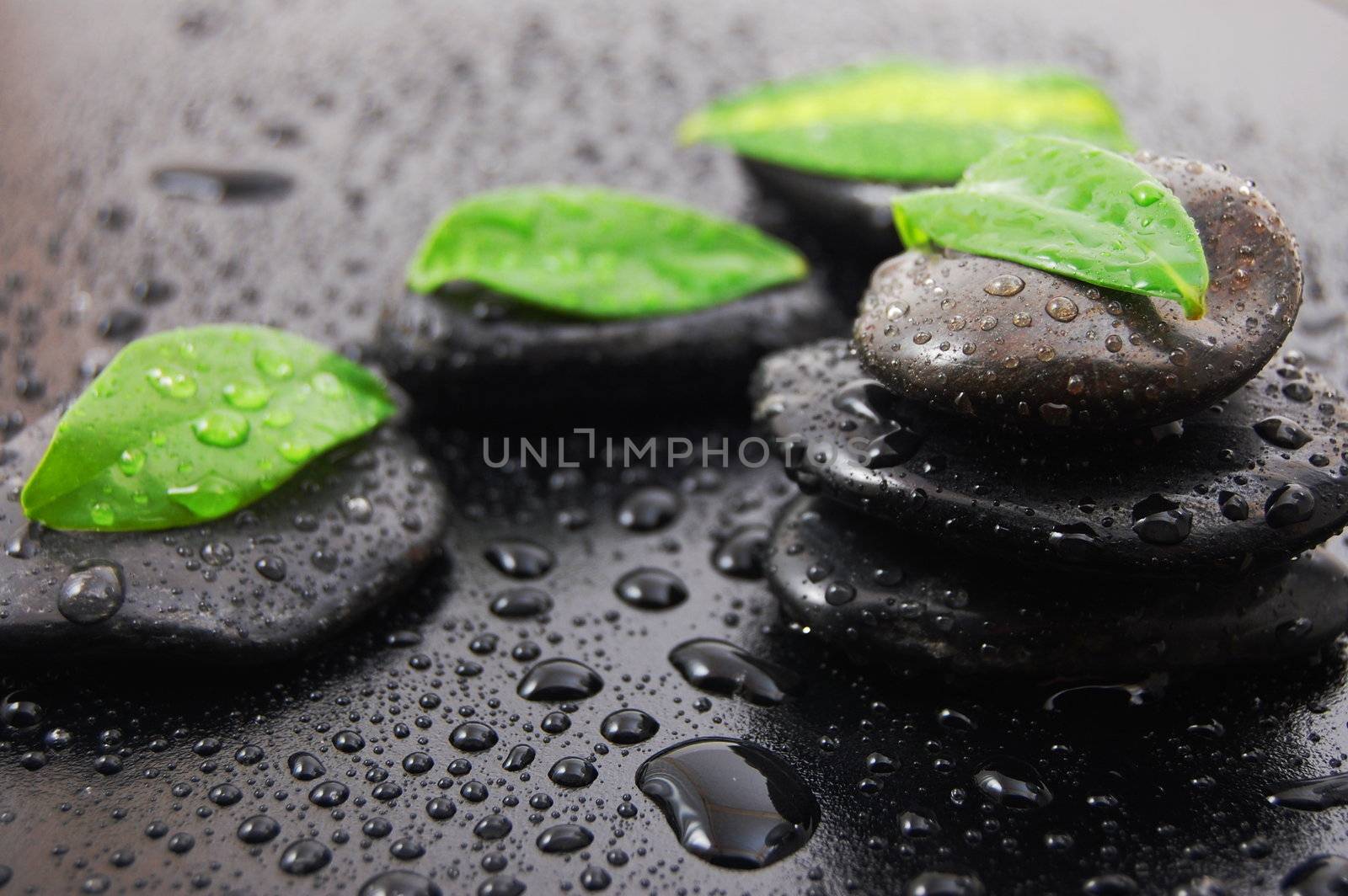 wellness massage or bath concept with zen stones leafes and water drop