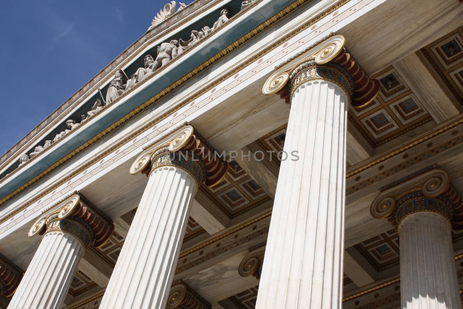 Close up of neoclassical Academy of Athens, Greece. It is the highest research establishment in the country and one of the major landmarks of Athens.
