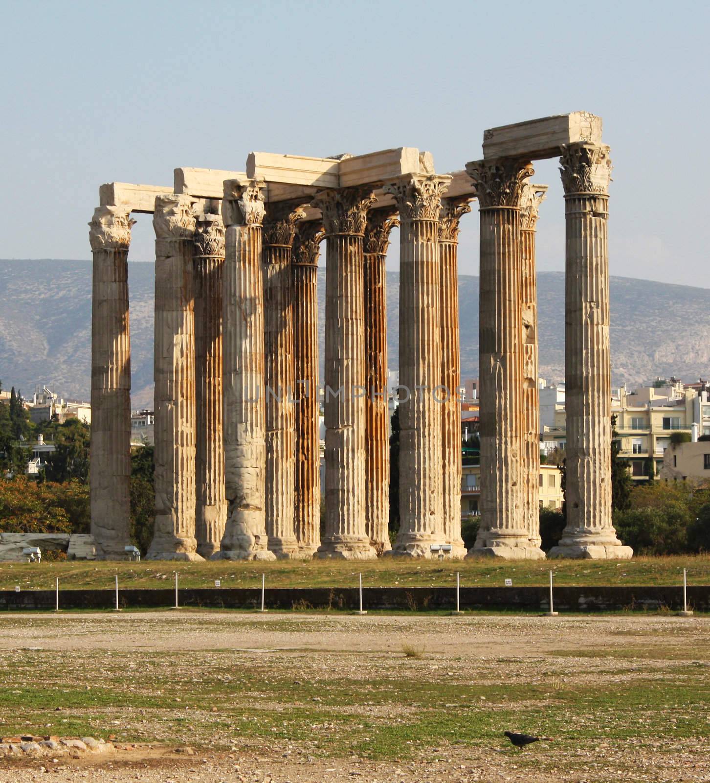 Ruins of the Temple of Olympian Zeus in Athens, Greece, with Corinthian columns.