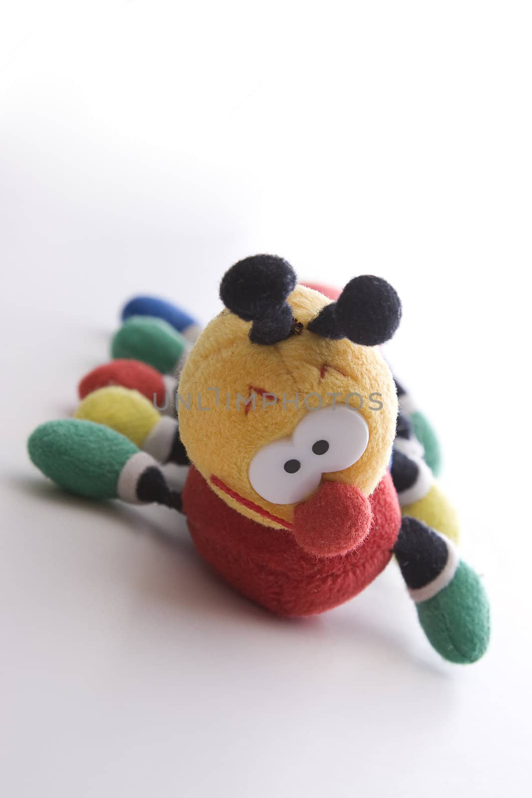 Close up view of a plush catapillar with big eyes