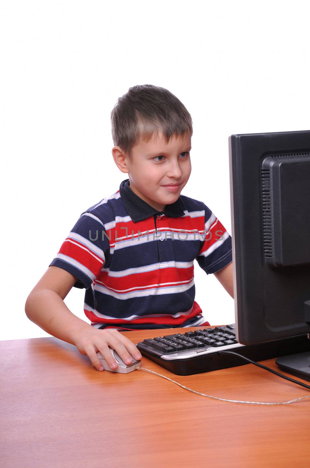 Young man using a computer on white background