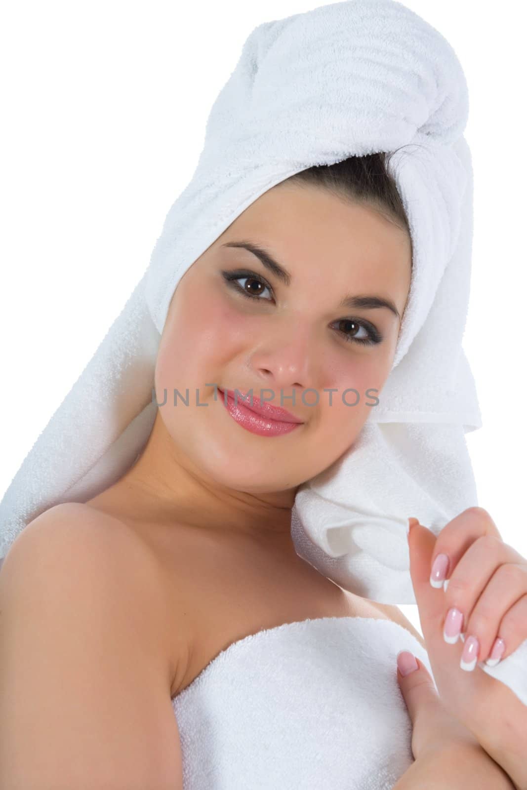 Beautiful girl with towel on white