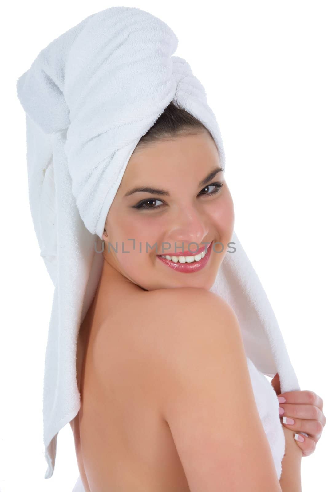 Beautiful girl with towel on white