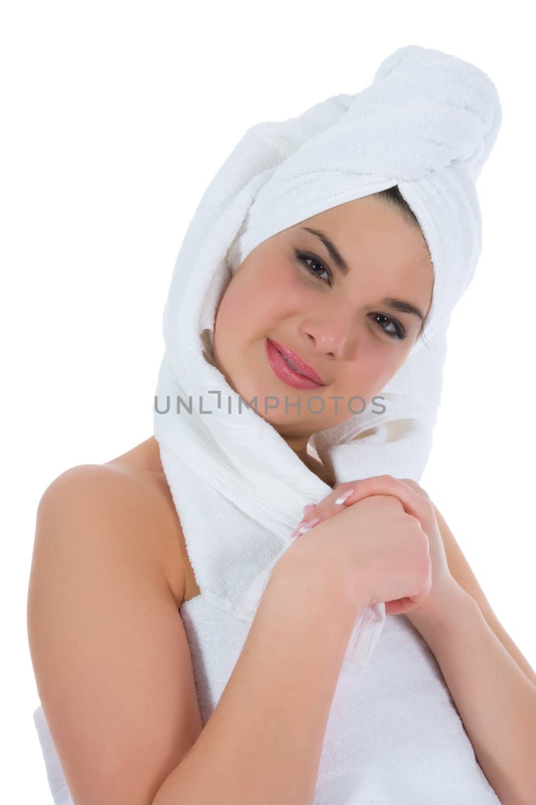 Beautiful girl with towel on white