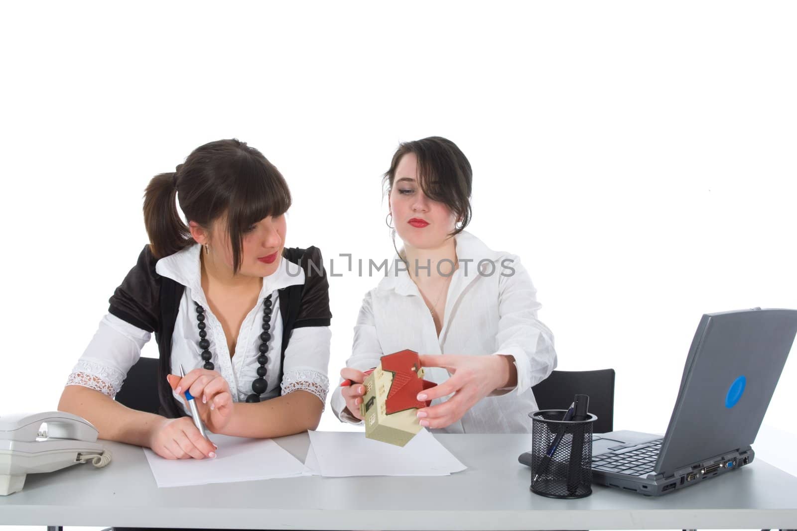Business woman advertises real estate on white background