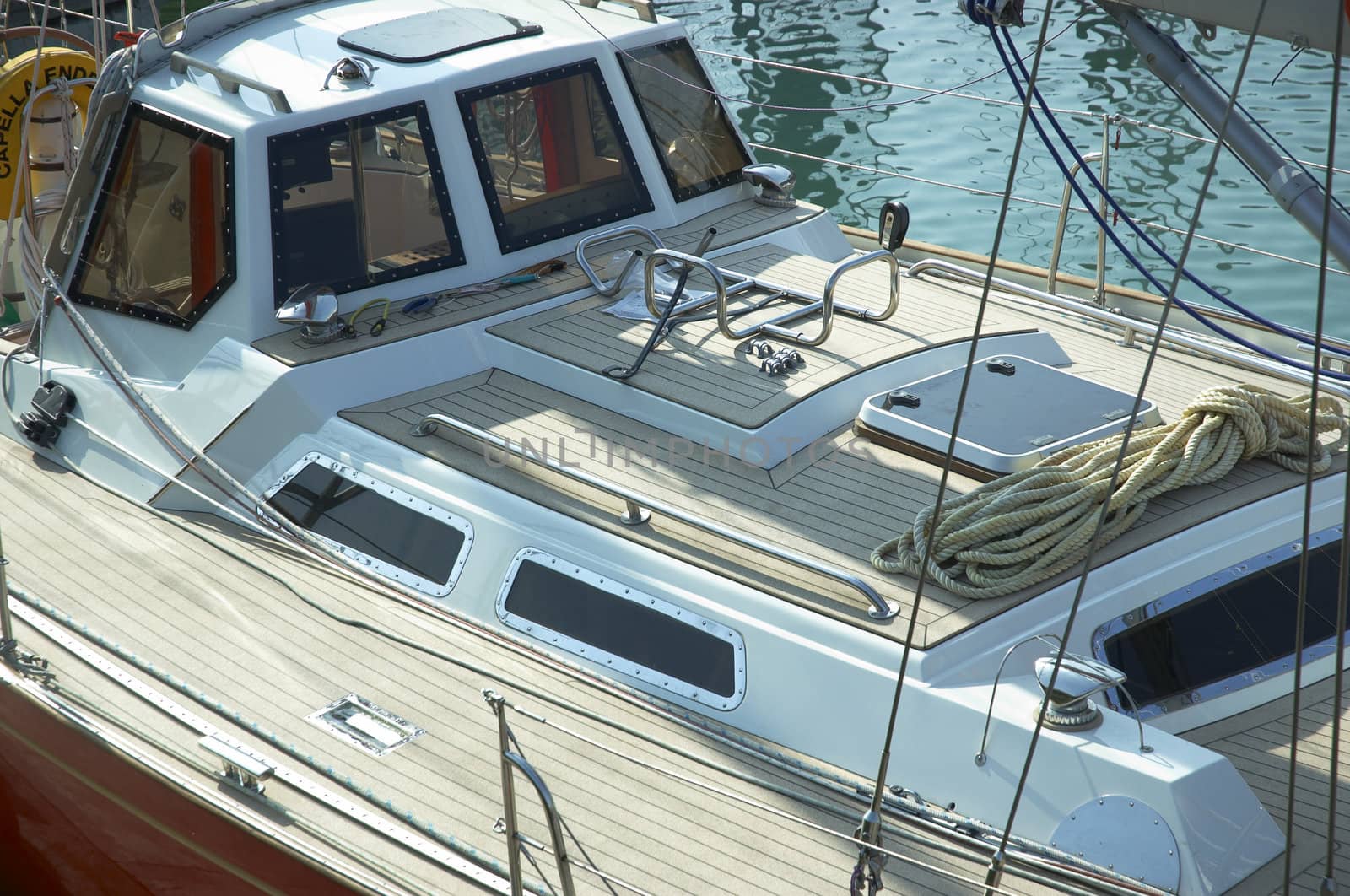 A view of the deck of a sailing boat