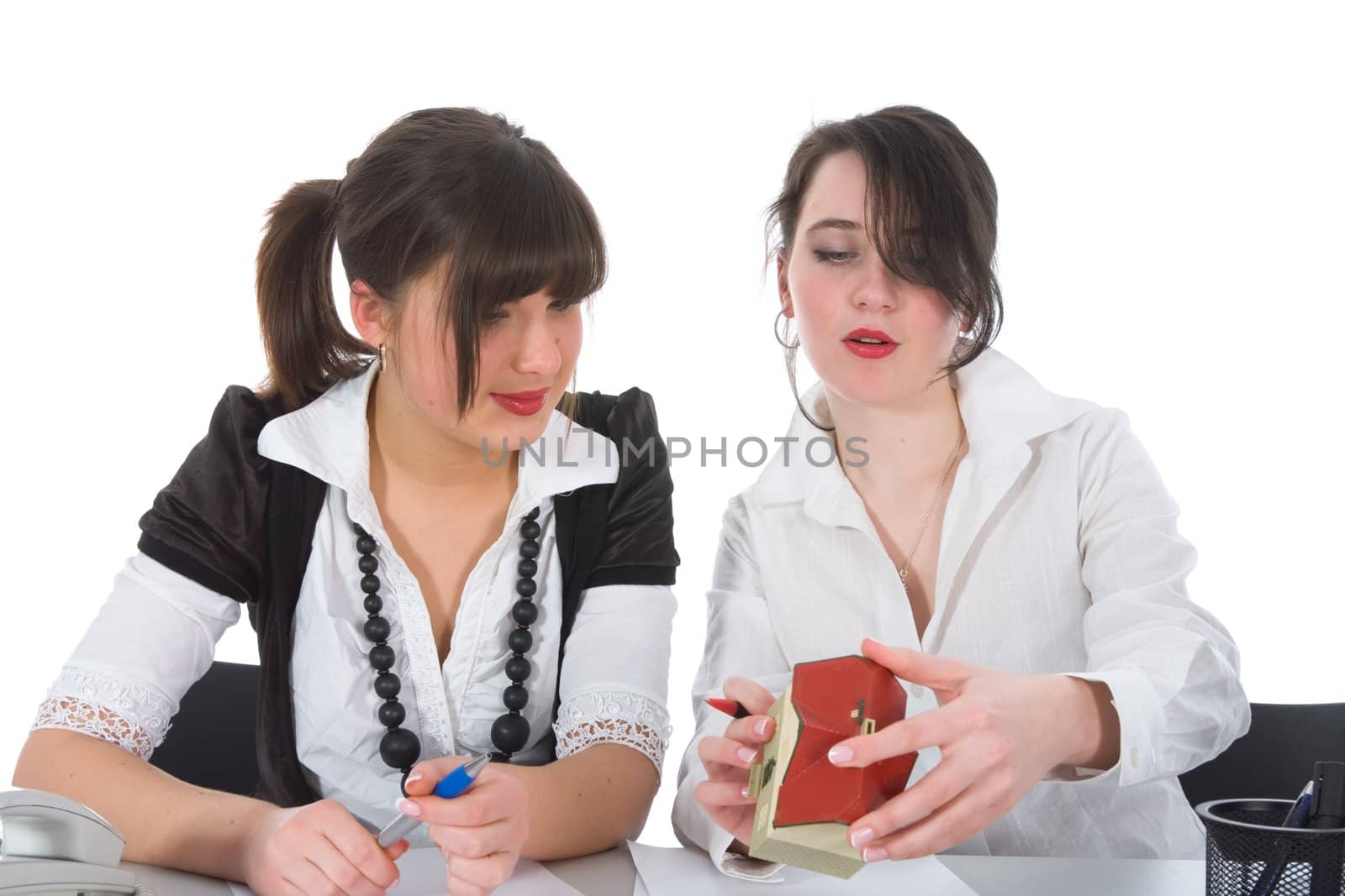 Business woman advertises real estate on white background