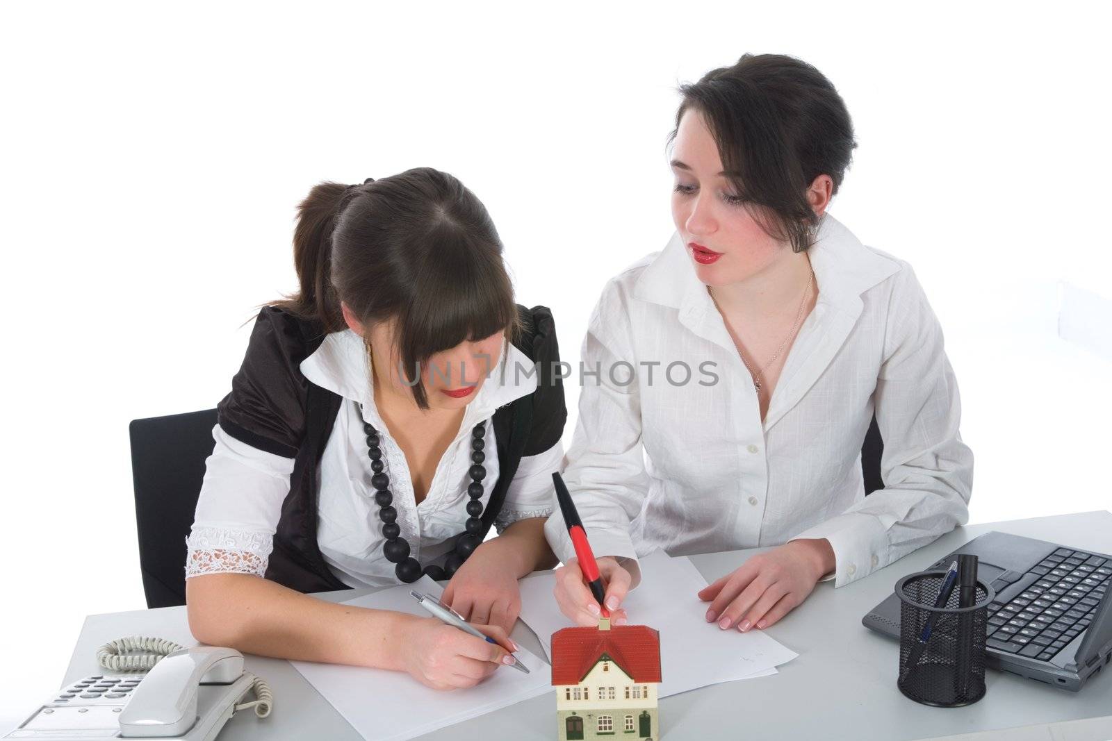 Business woman advertises real estate on white background