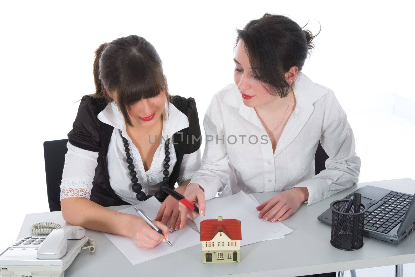 Business woman advertises real estate on white background