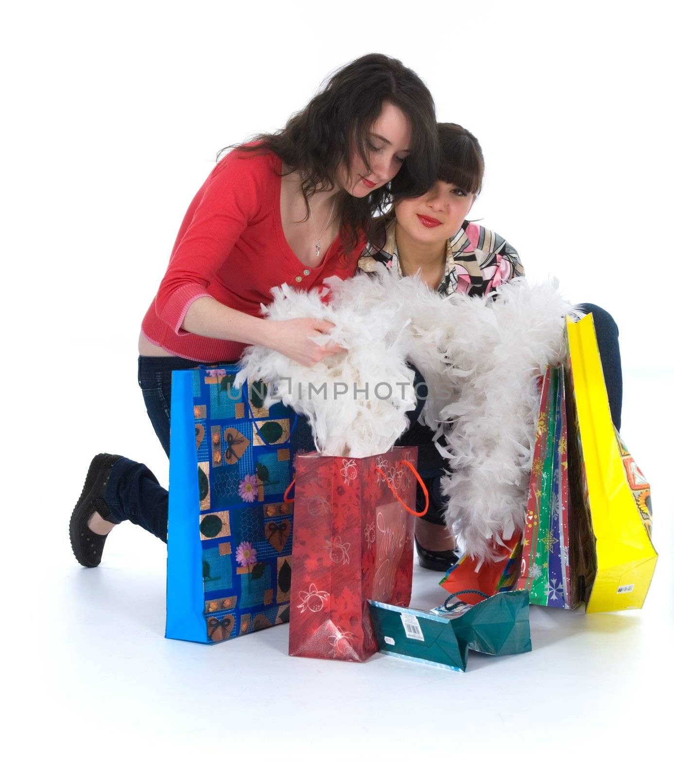 expressive girls  on white background  shopping