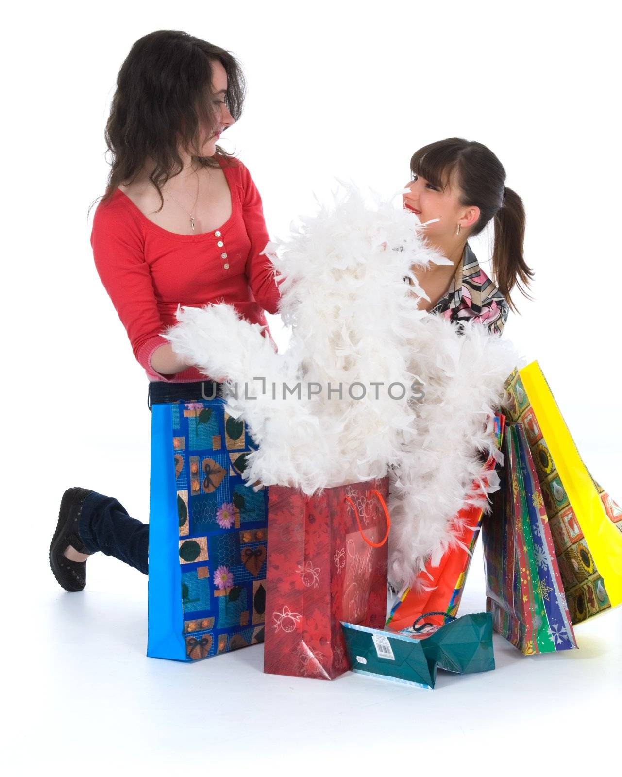 expressive girls  on white background  shopping