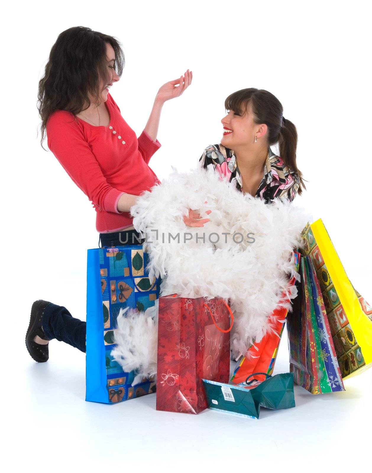 expressive girls  on white background  shopping