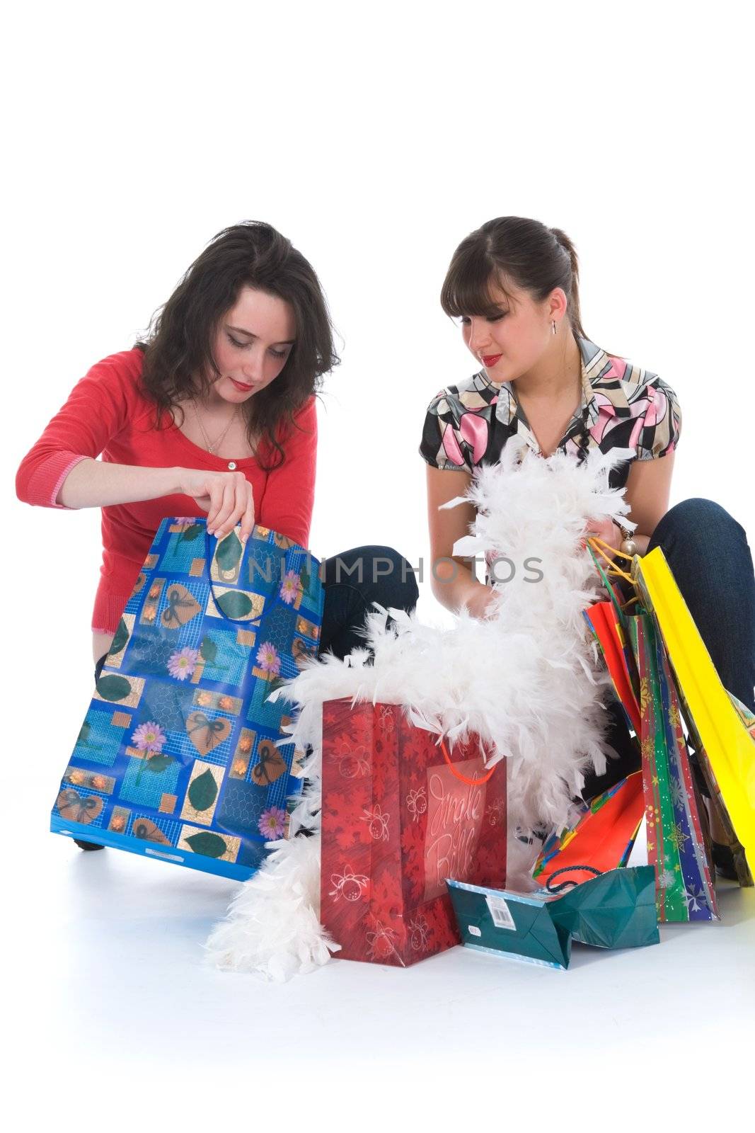 expressive girls  on white background  shopping