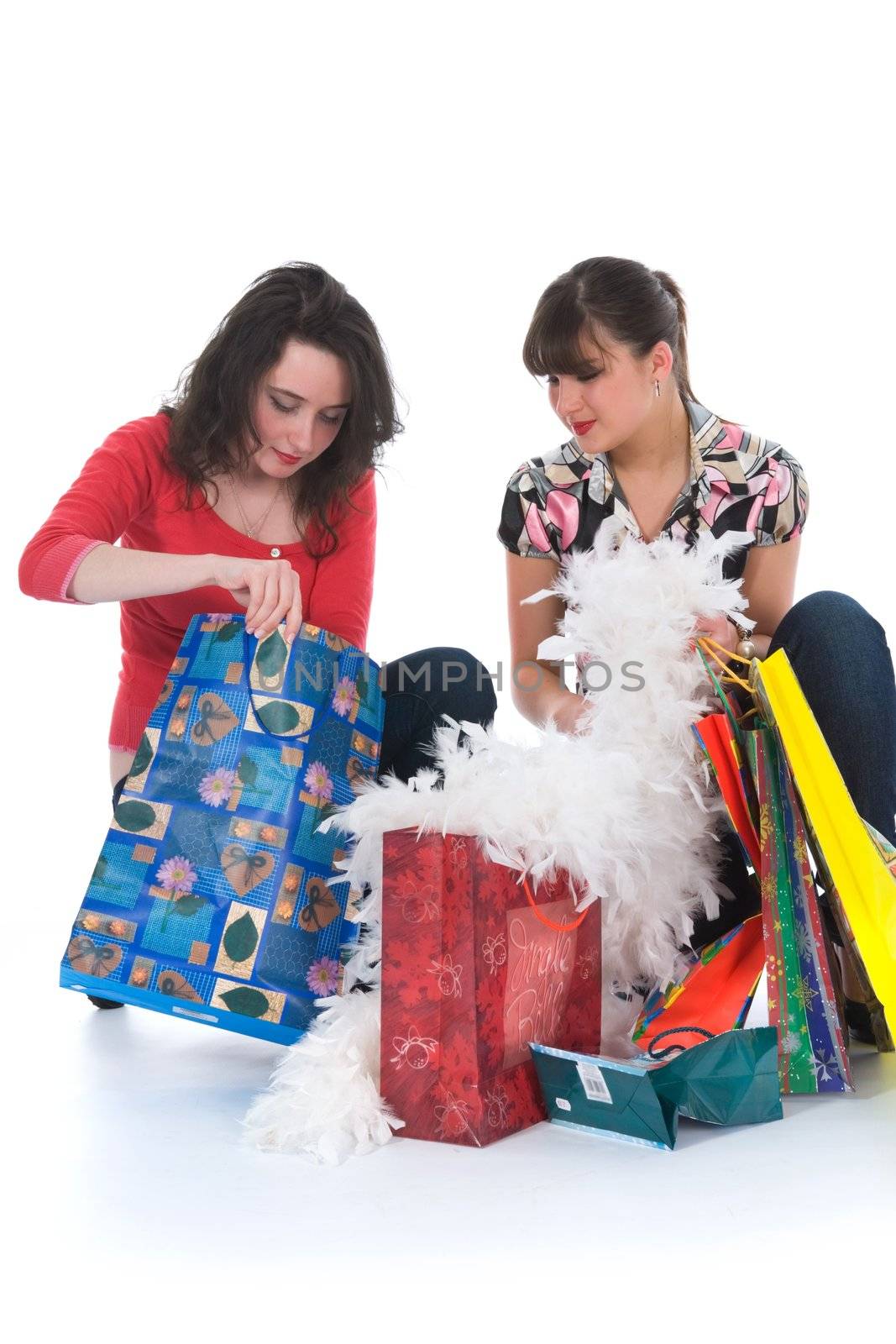 expressive girls  on white background  shopping