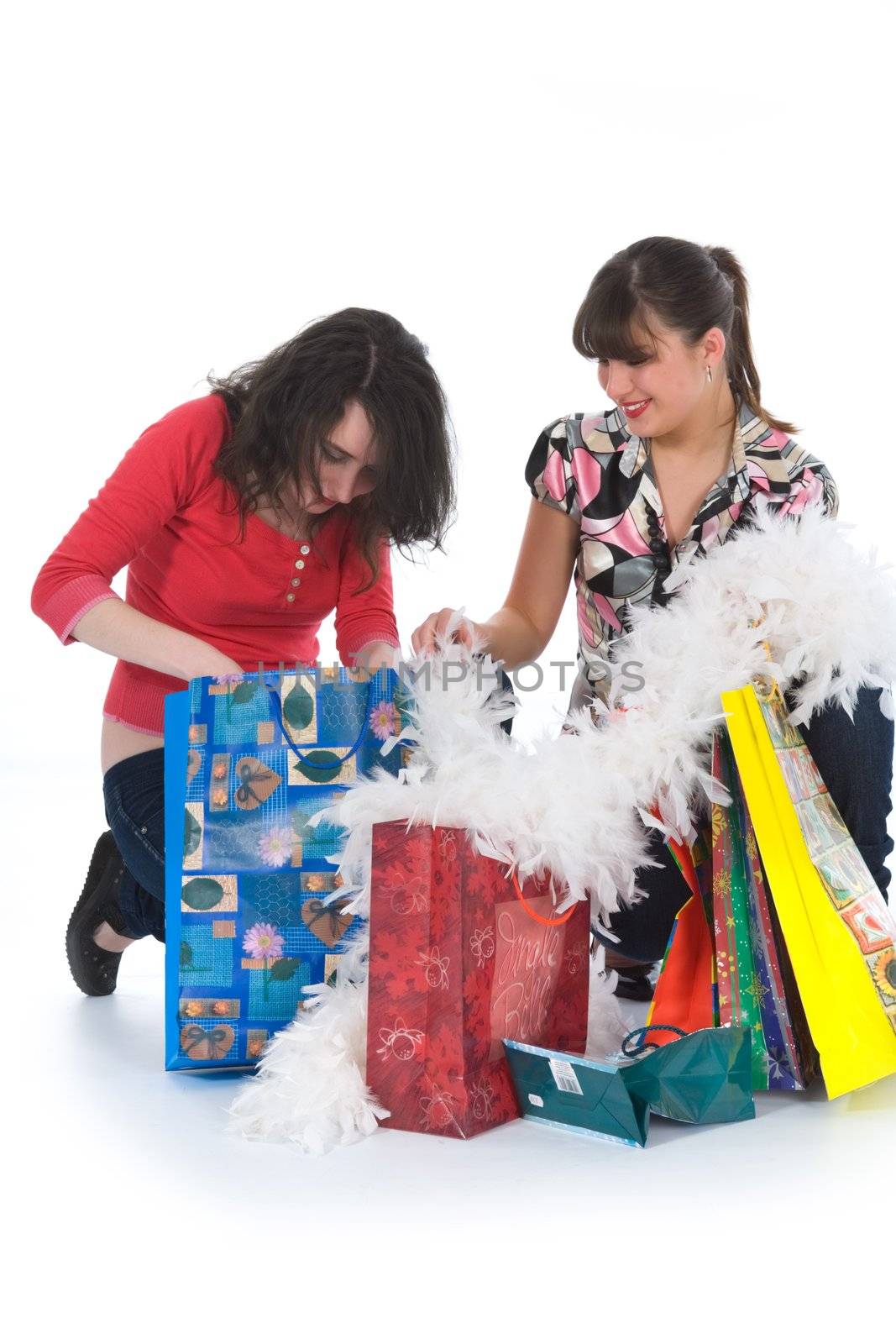 expressive girls  on white background  shopping