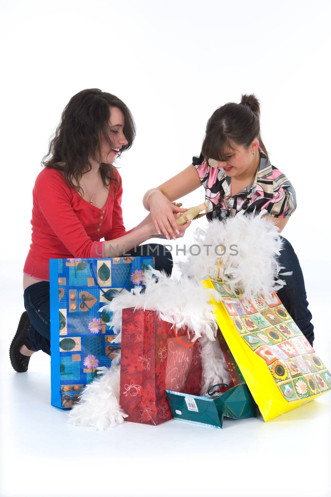 expressive girls  on white background  shopping