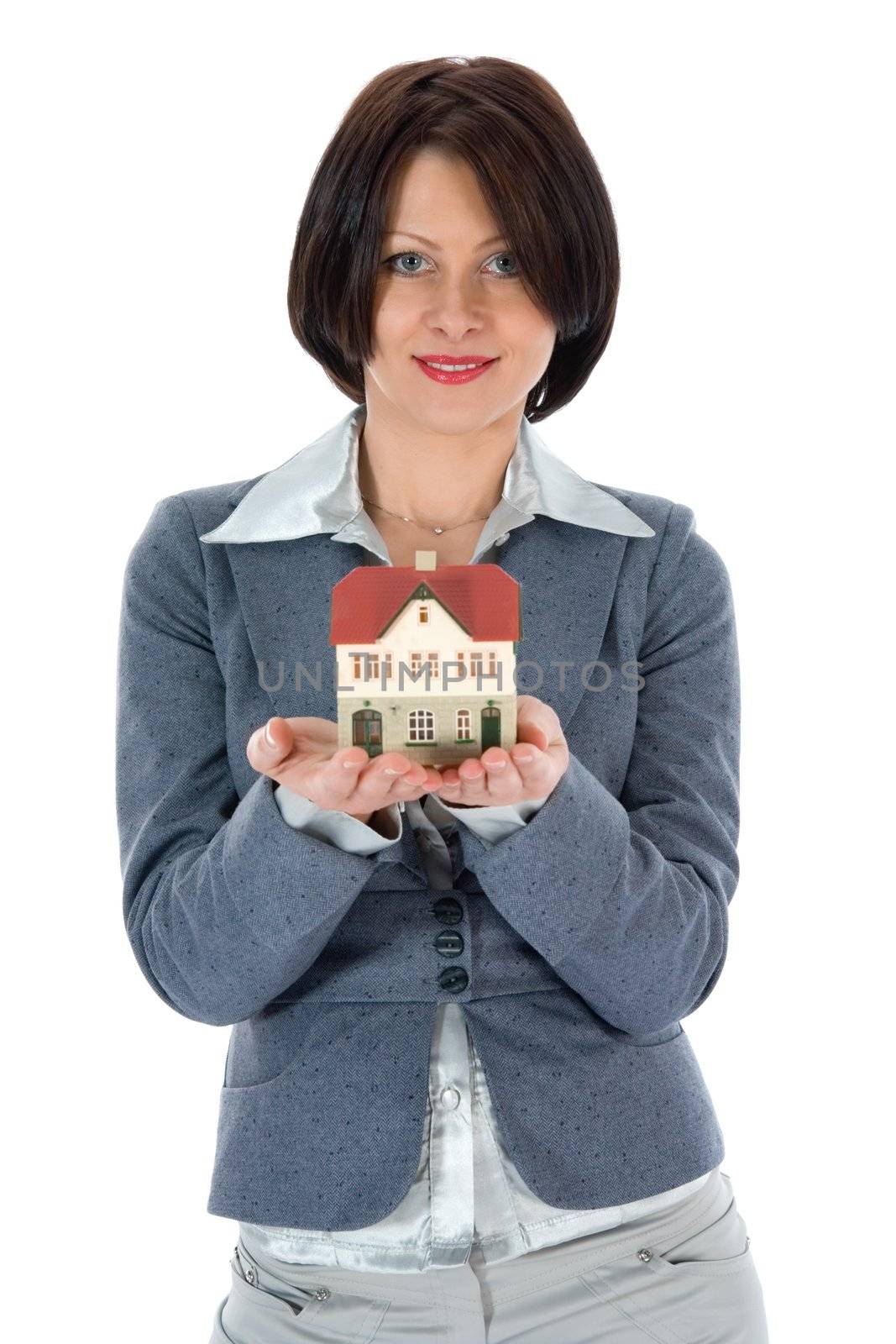 Business woman advertises real estate on white background