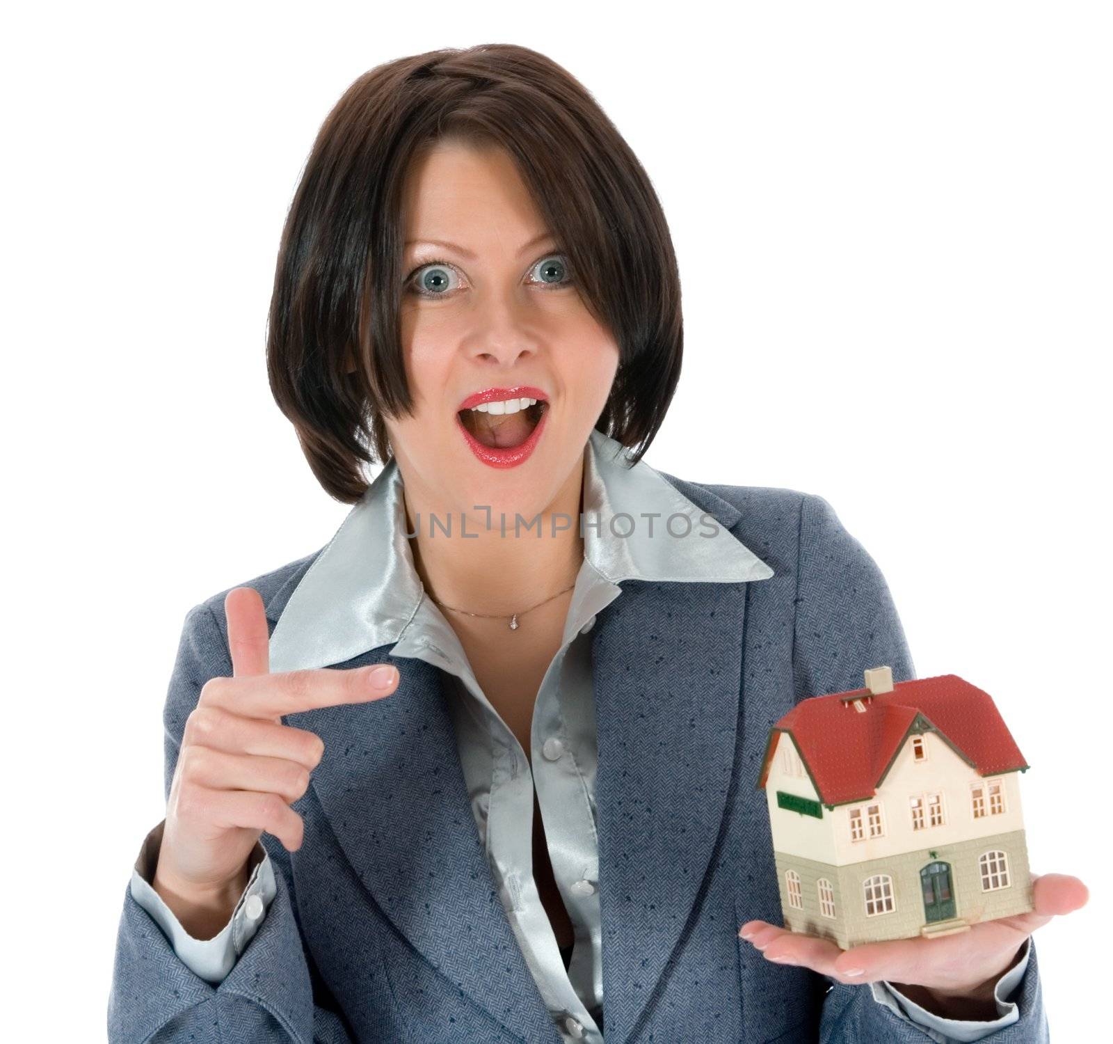 Business woman advertises real estate on white background