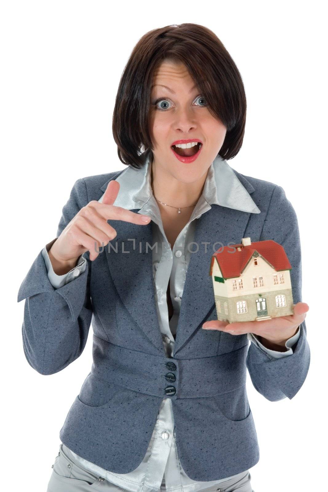 Business woman advertises real estate on white background