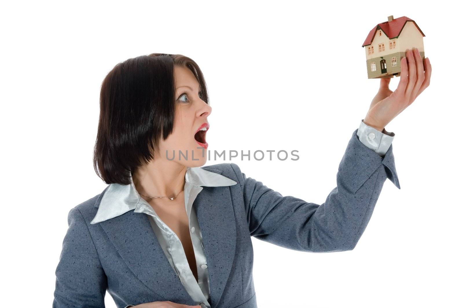 Business woman advertises real estate on white background