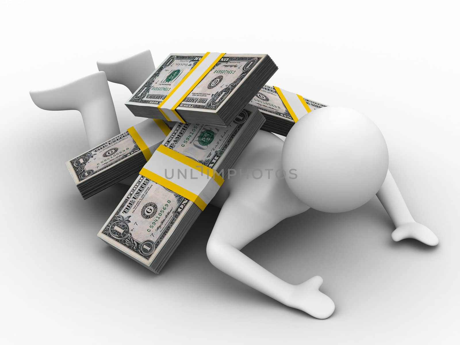 man under money on white background. Isolated 3D image