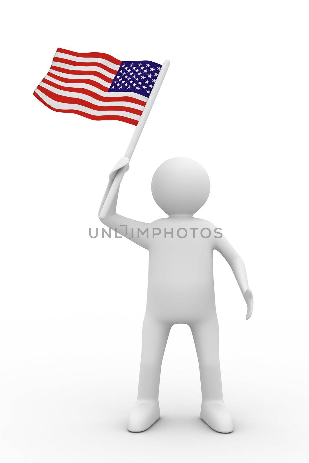 man waves flag on white background. Isolated 3D image