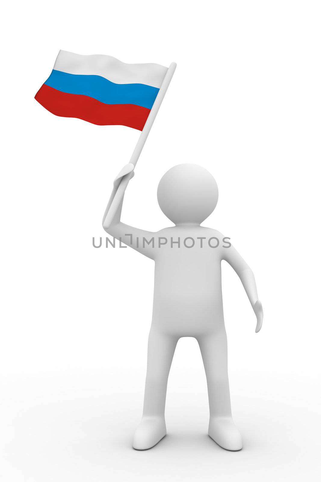 man waves flag on white background. Isolated 3D image