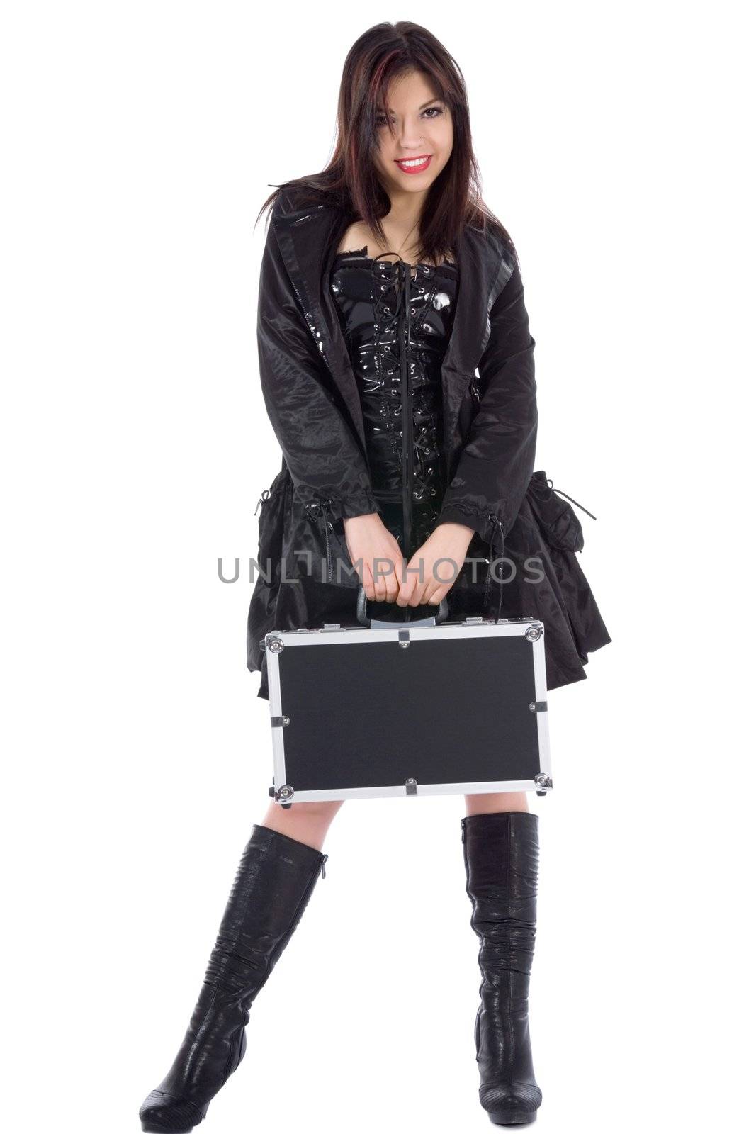 Beautiful woman with valise white background