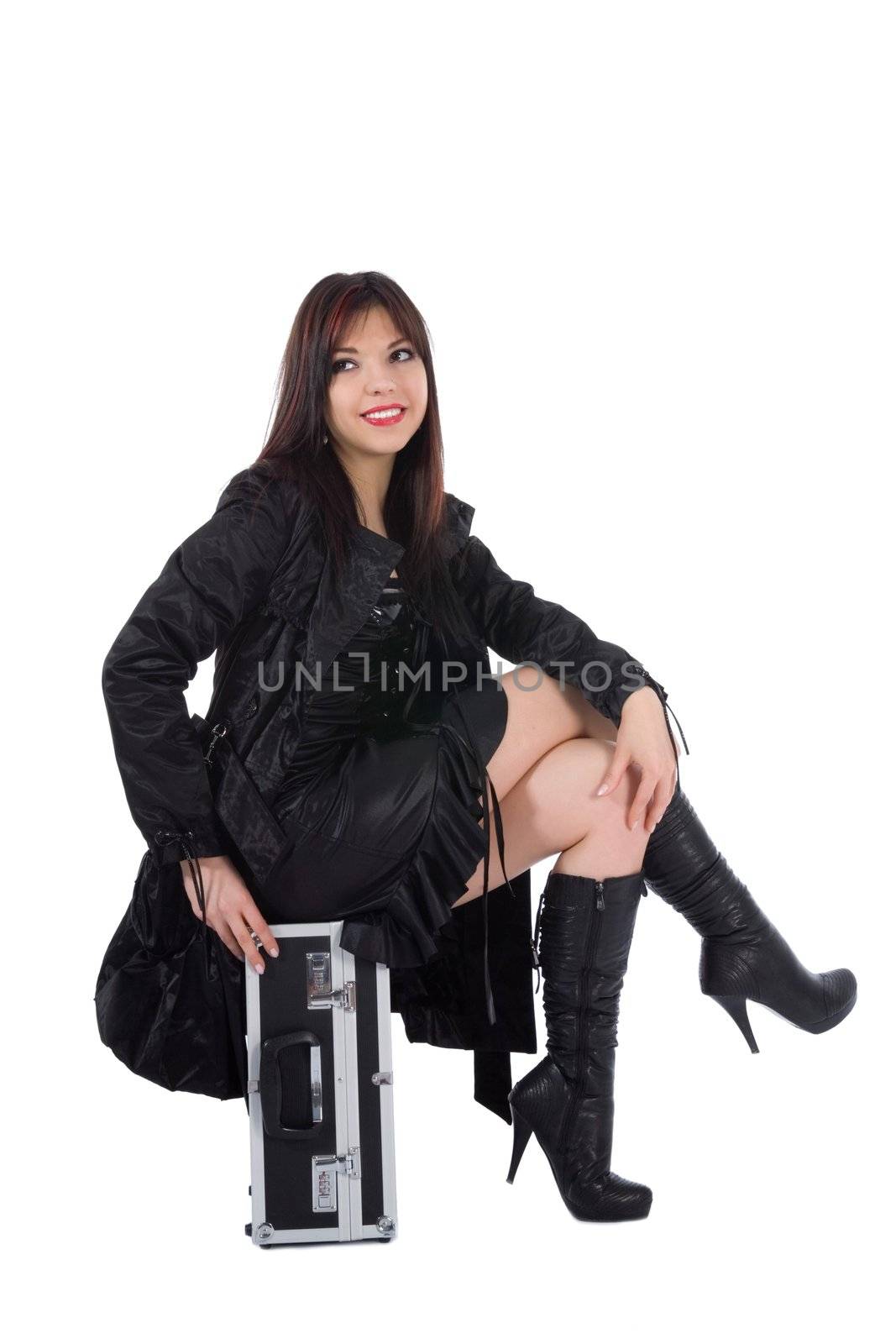 Beautiful woman with valise white background