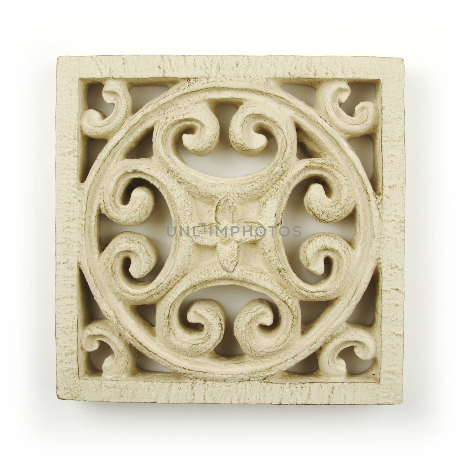 Ornate Wood Carving Ornament on White Background