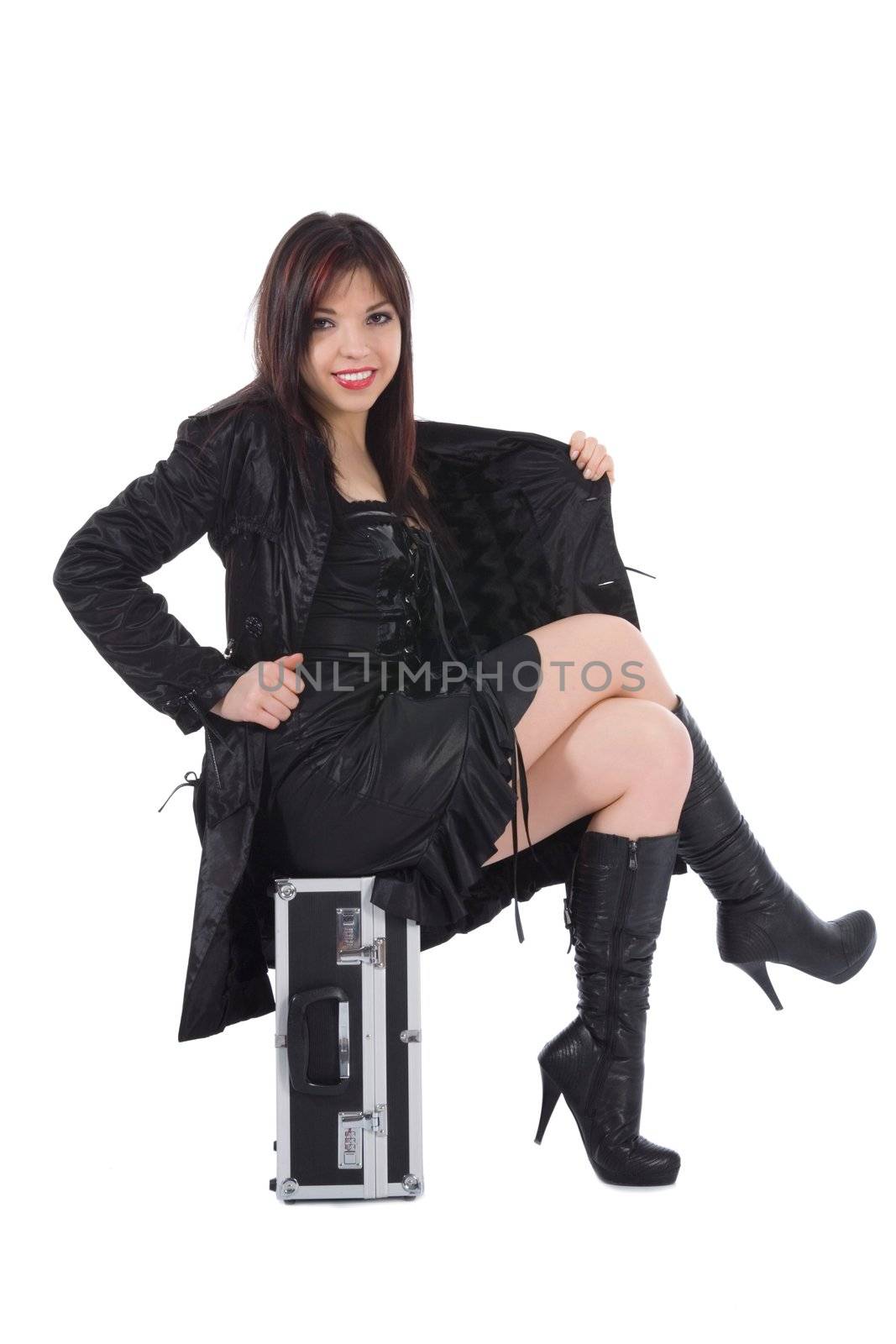 Beautiful woman with valise white background