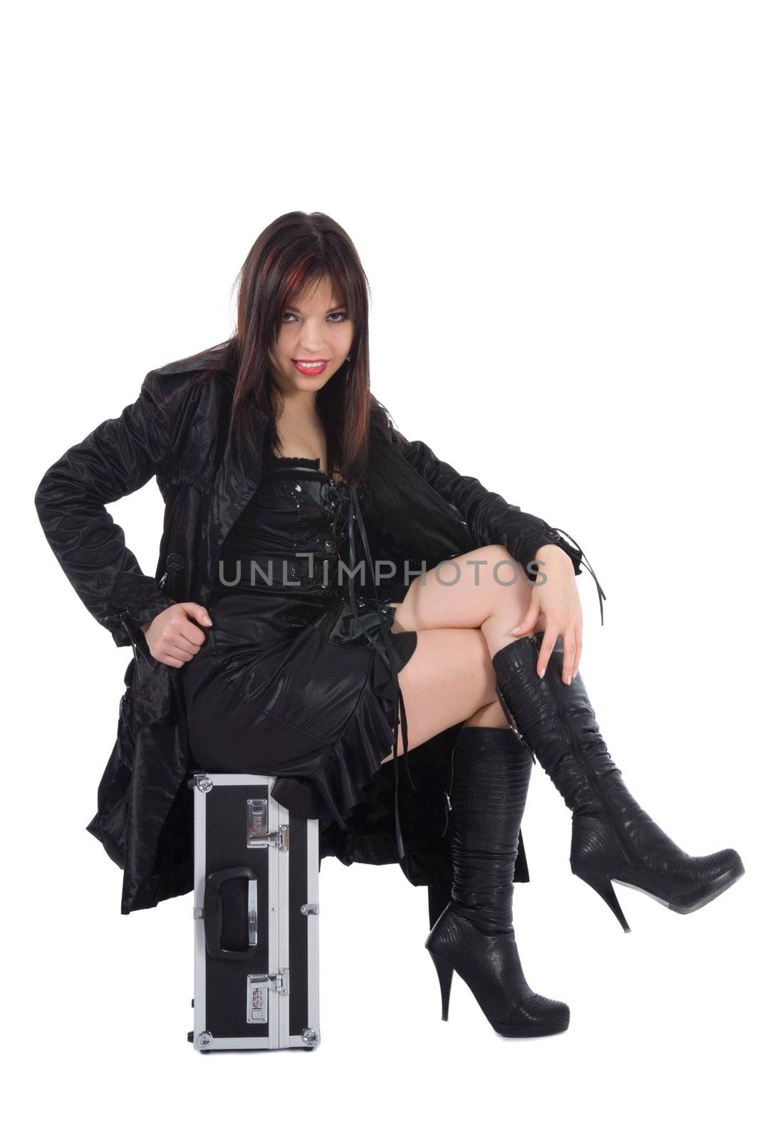 Beautiful woman with valise white background