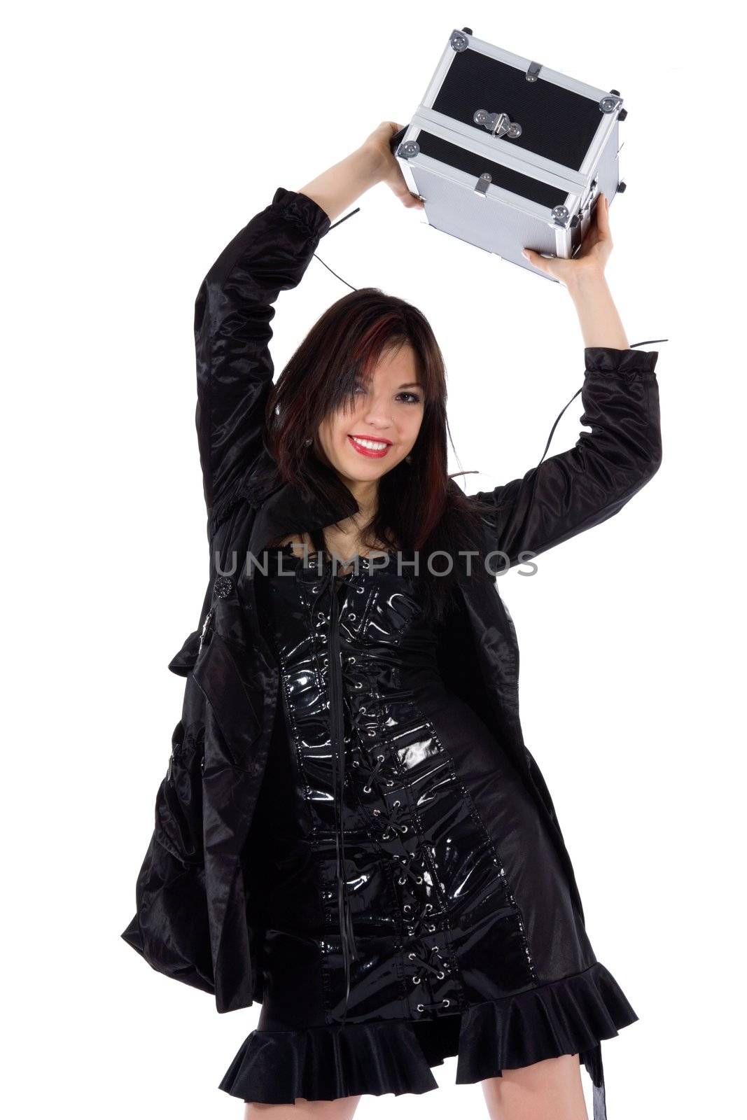 Beautiful woman with valise white background