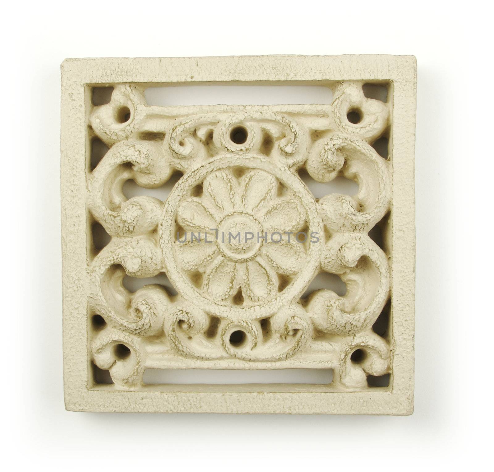 Ornate Wood Carving Ornament on White Background