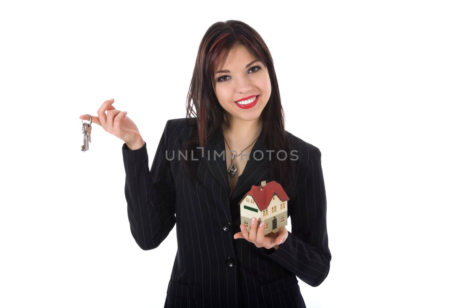 Business woman advertises real estate on white background