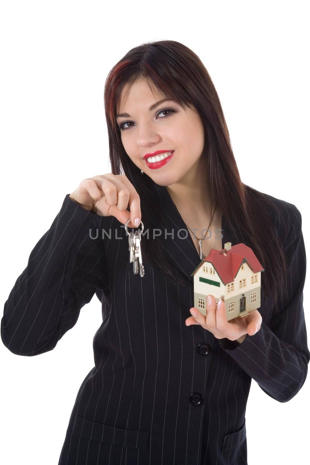 Business woman advertises real estate on white background