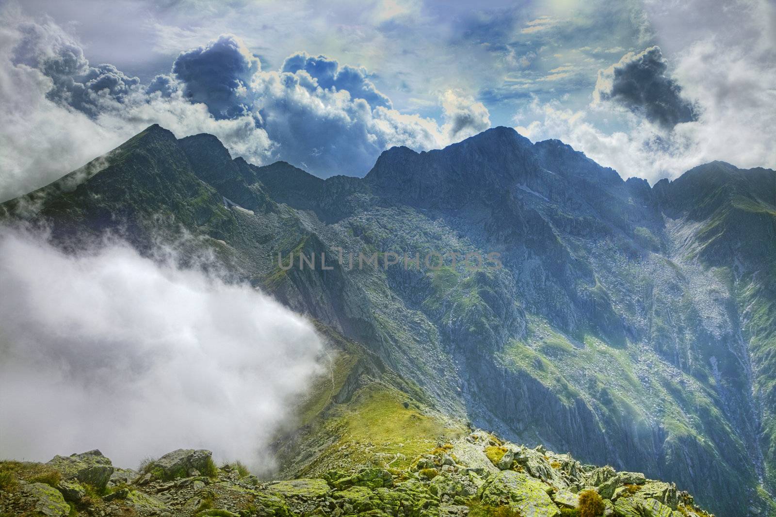 Impressive landscape in Fagaras Mountains,Romania. In the distance you can see the Negoiu summit, which is the second highest mountain top (2635 m) in this mountain range.
