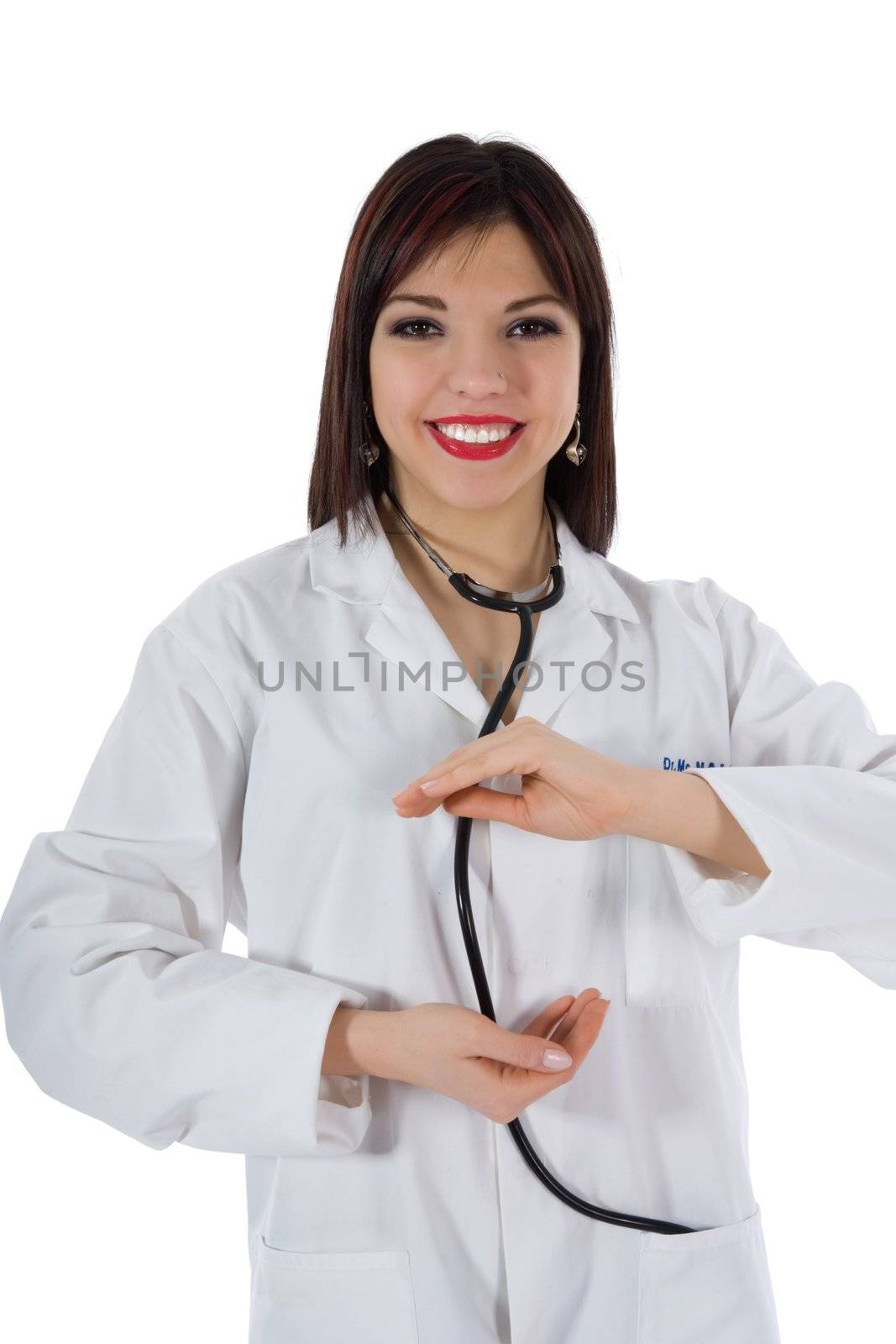 young doctor with stethoscope on white background