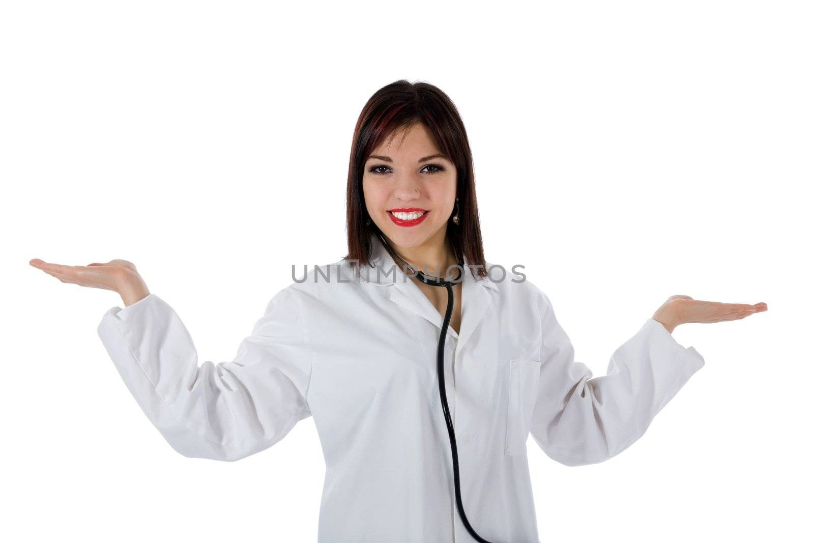 young doctor with stethoscope on white background