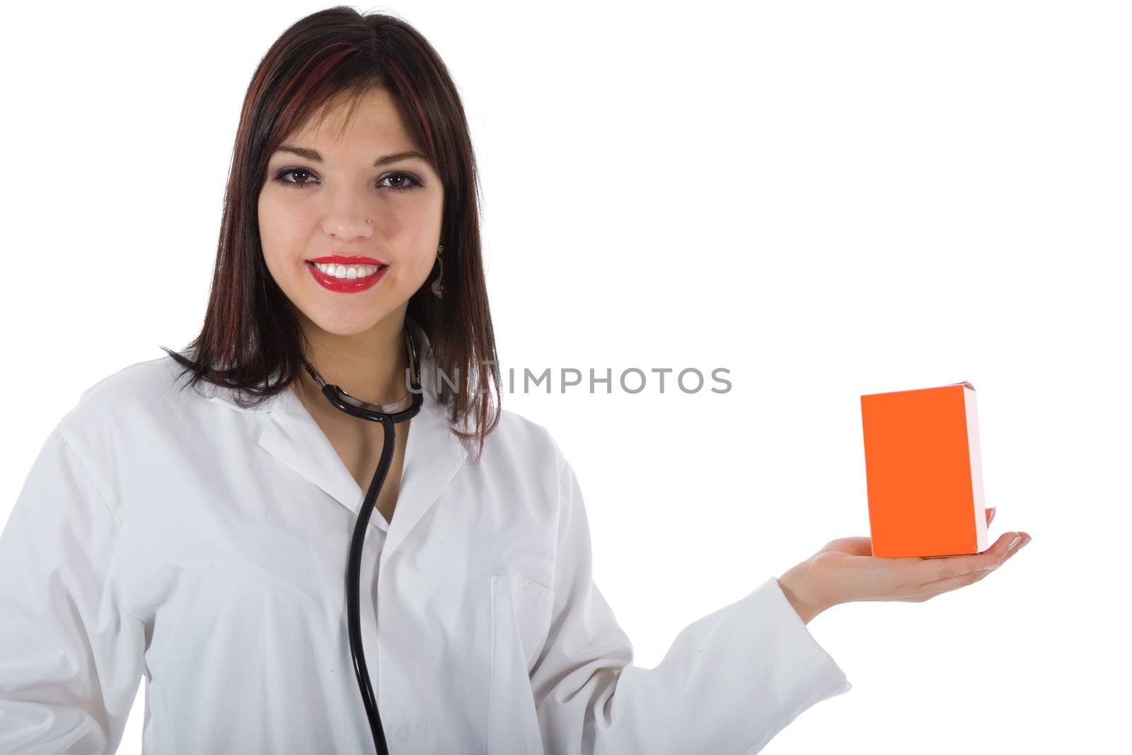 young doctor with stethoscope on white background