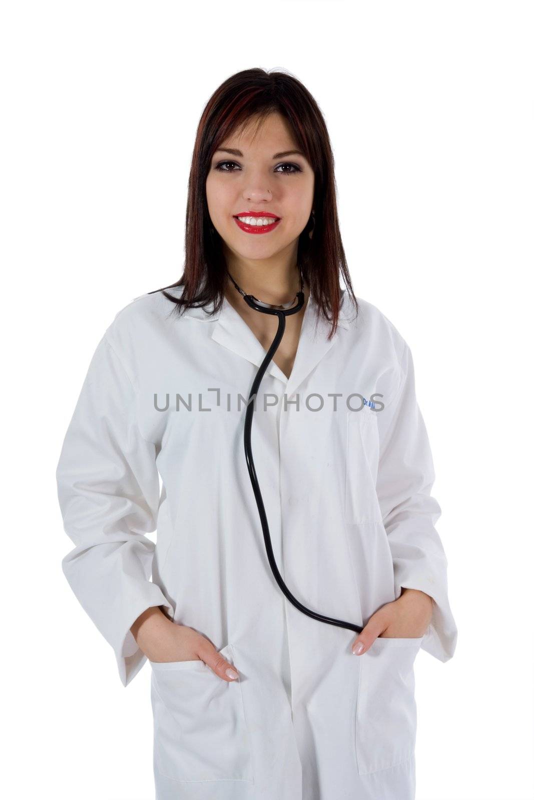 young doctor with stethoscope on white background