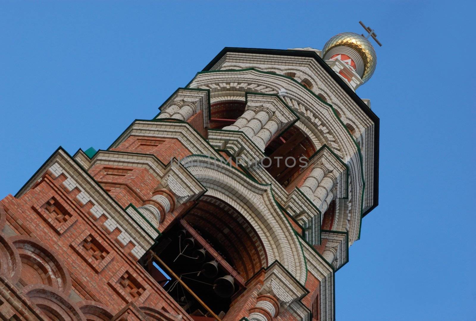 belltower of Russian Orthodox Church of Kazan icon of the Mother of God  in Astrakhan, Russia