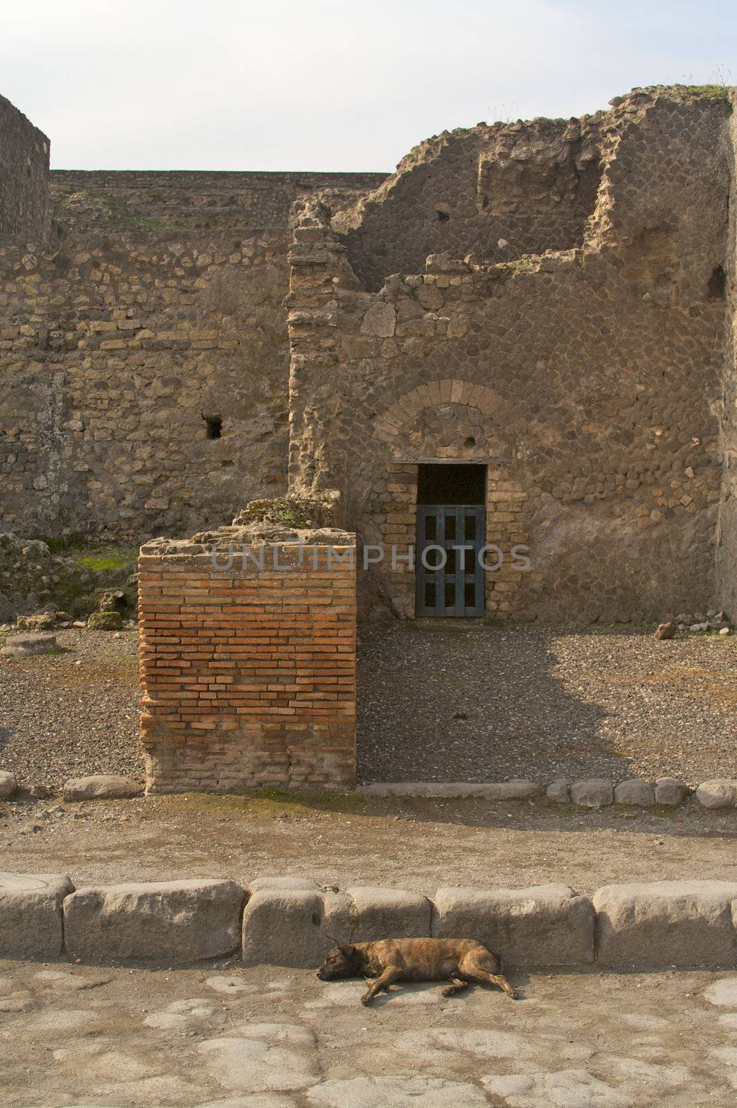 Cobblestone street and ancient ruins of Pompeii, Italy.