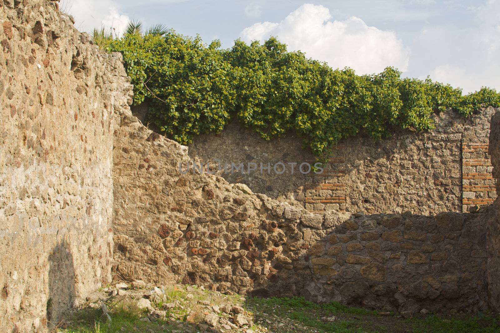 Cobblestone street and ancient ruins of Pompeii, Italy.