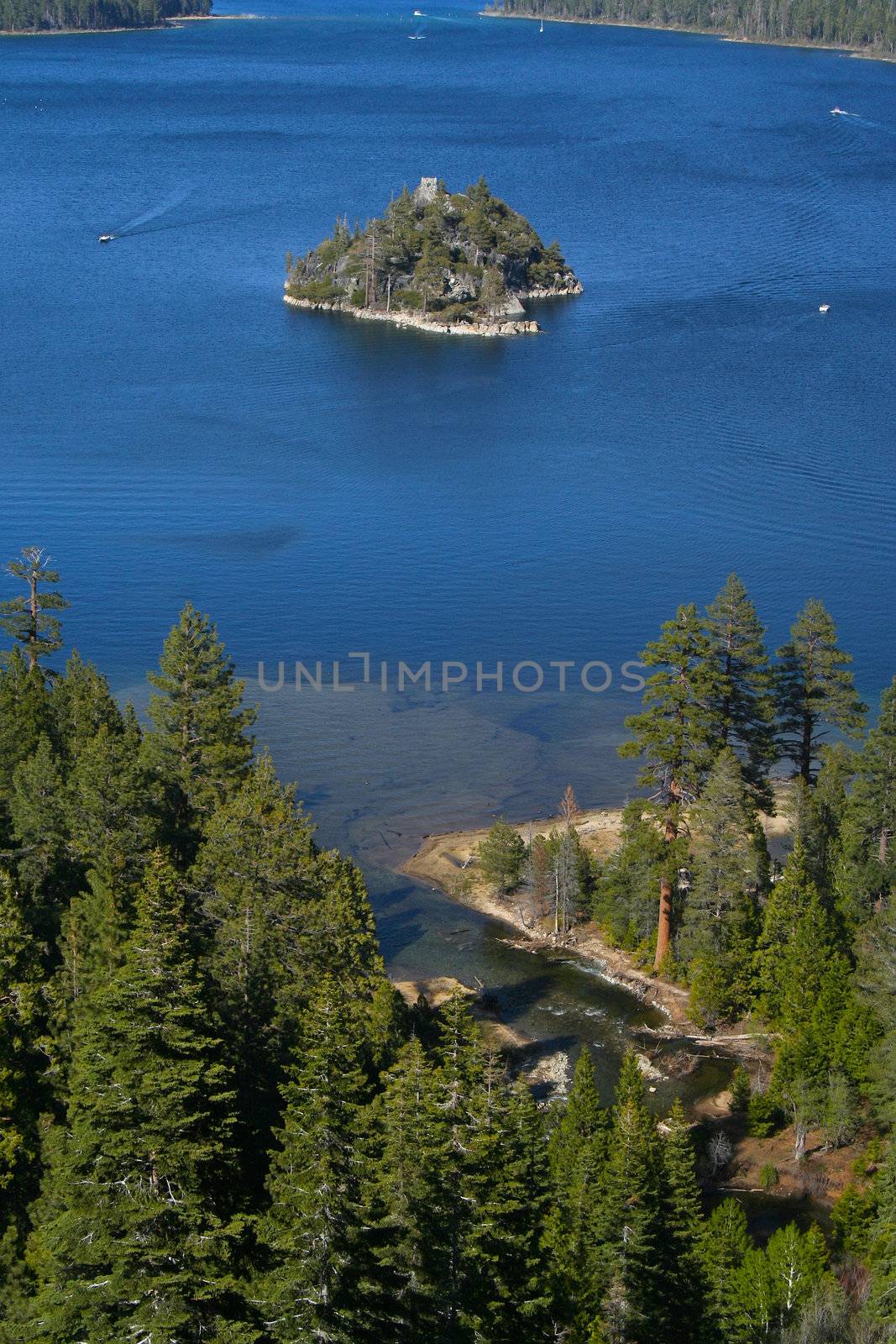 This is beautiful Emerald Bay in Lake Tahoe, California one summer day with Fannette Island in the middle.