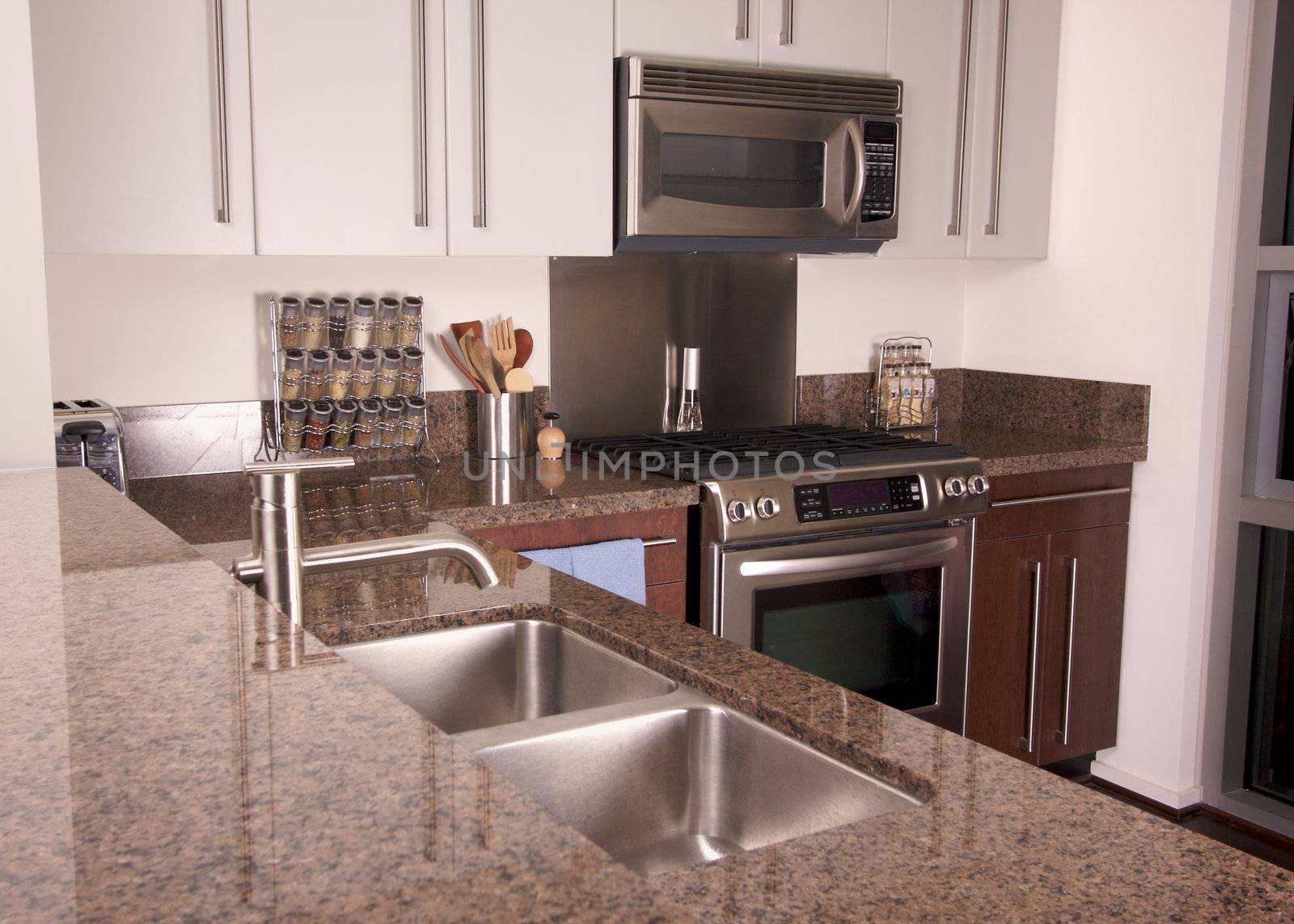 Modern Kitchen with brushed aluminum appliances.