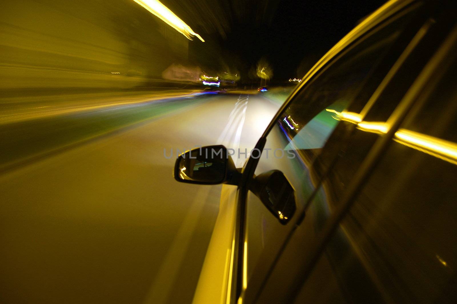 night drive with car in motion through the city shows the speed